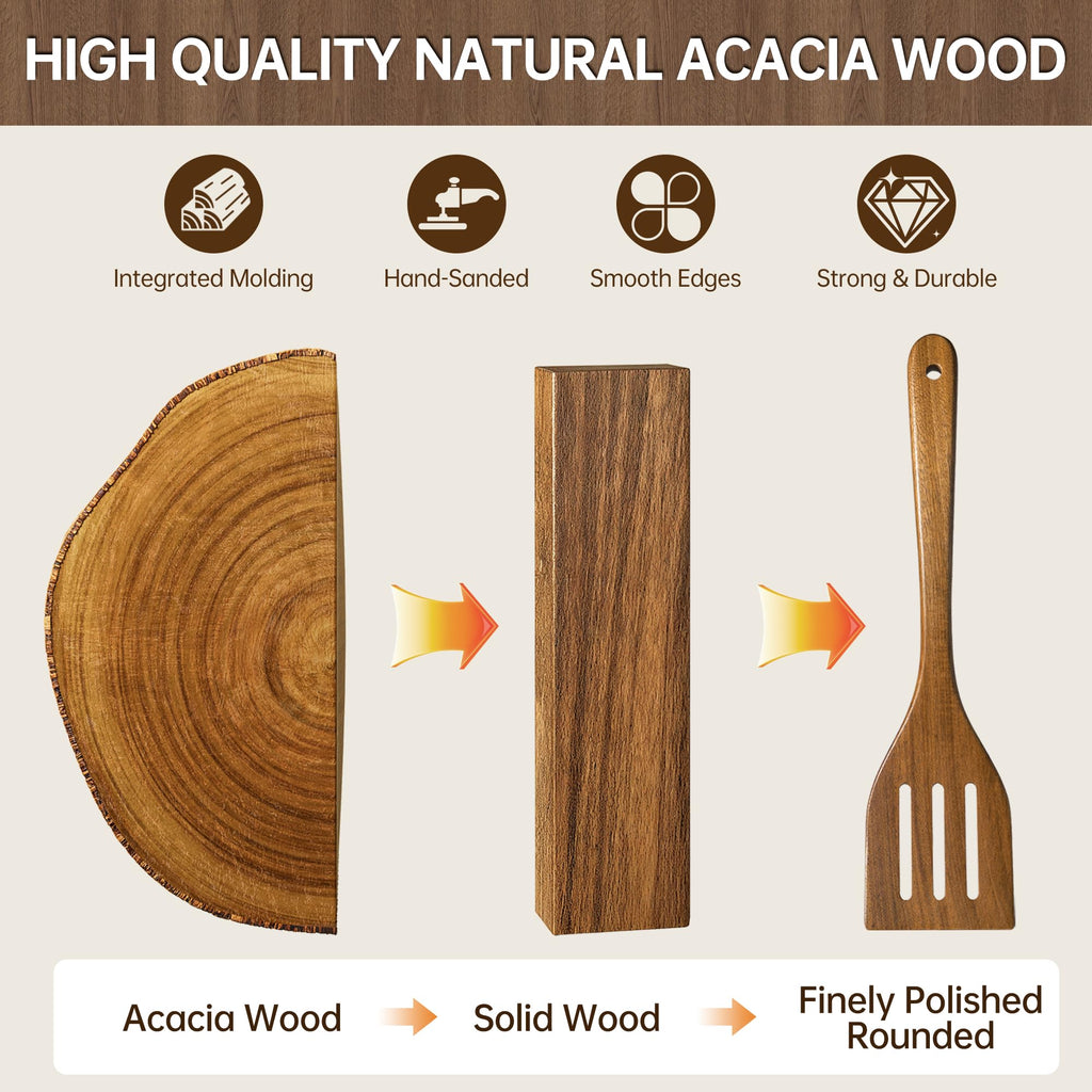 FYCTIO Wooden Utensil Set 8 PCS - Natural Non-Toxic Acacia Wooden Spoons for Cooking, Nonstick, Sturdy,Easy to Clean, Wood Kitchen Utensils Set with Holder, Spoon Rest, Ideal for Gifting