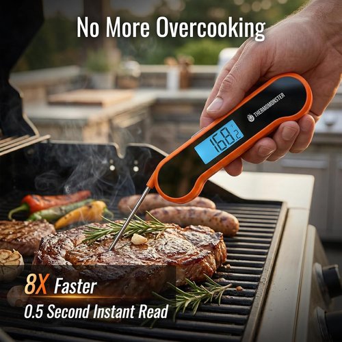Instant Read Meat Thermometer - Skiennix Digital Kitchen Gadget with ±0.5℉ Precision | Perfect for BBQ, Oven & Candy Cooking - Orange