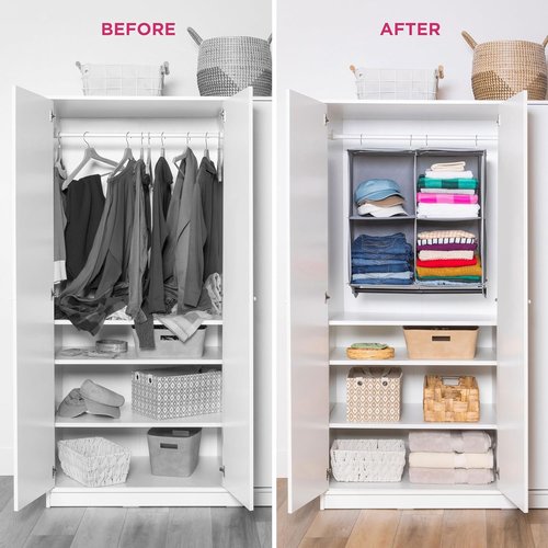 HOLDN’ STORAGE Hanging Closet Organizer - Heavy Duty 4-Shelf Unit with Garment Rod, Grey