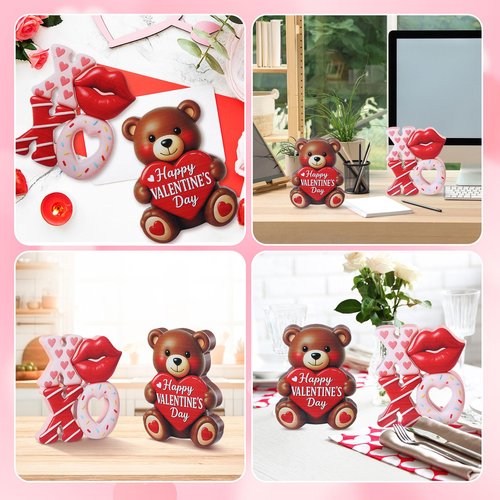 Wesiti 2 Pcs Valentines Day Wooden Bear Decorations Bear Figurines XOXO Tabletop Happy Valentine's Day Table Centerpiece Decorations for Home Indoor Anniversary Wedding Decor Gifts for Him Her