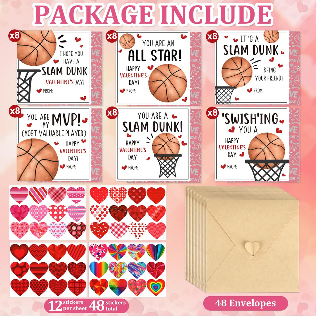 Hedeey 48 Pack Valentines Day Cards for Kids Classroom Basketball Valentine's Day Exchange Greeting Cards with Envelopes and Heart Stickers for Kids Classroom School Party Favors 4.3 * 4.3 inch