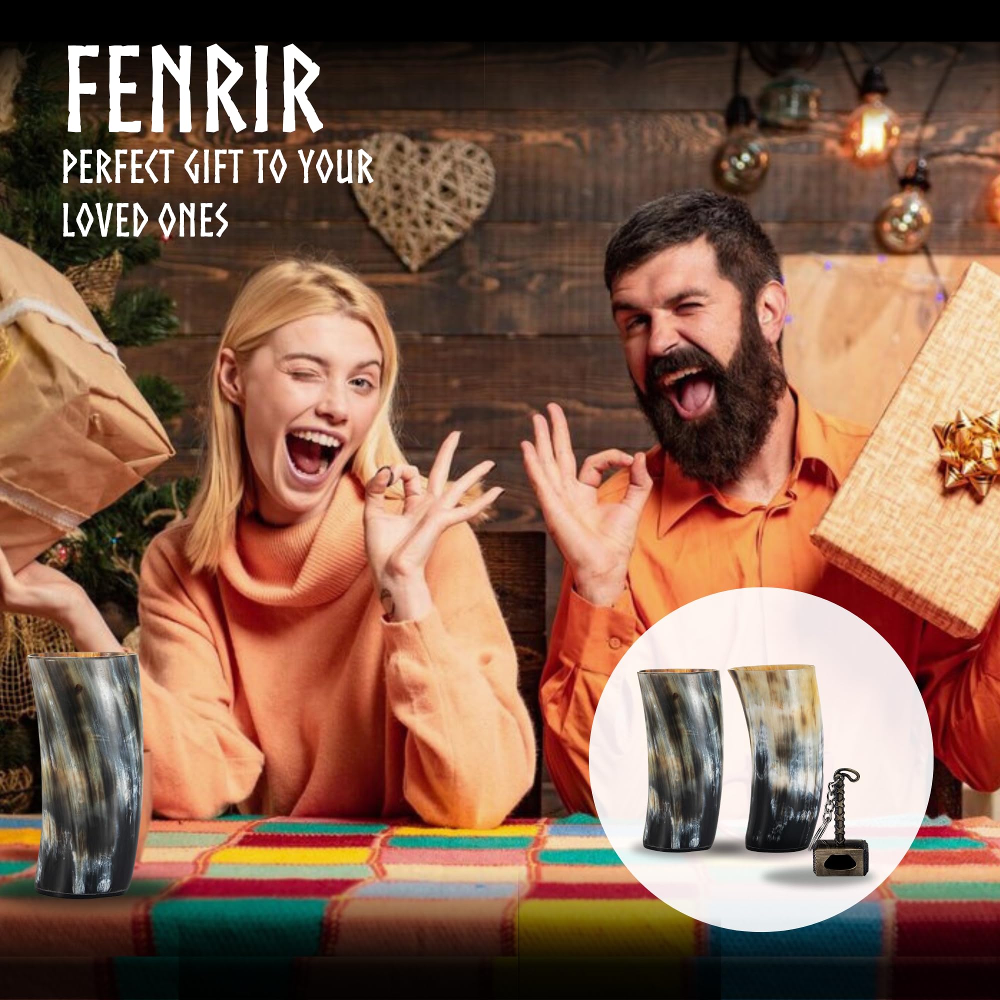 FENRIR Viking Drinking Horn Mug Set of 4 – Gifts for Men, Dad, Husband – Unique Viking Gift – Natural Ox Horn Cup with Opener – For Beer, Ale, Mead (12-13 Oz/Glass)
