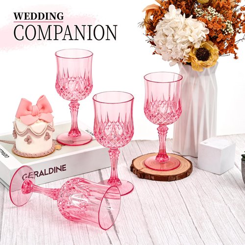 EVSGSONL 48Pack Pink Plastic Wine Glasses,Vintage Plastic Goblets for Parties, Pink Drinking Glasses Crystal Water Goblets Reusable for Wedding Reception, Grand Event Party Supplies