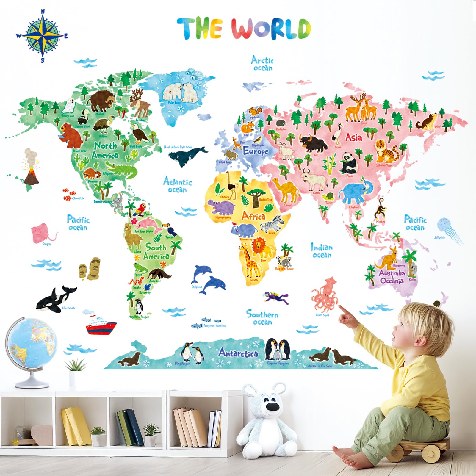 DECOWALL SG2-1615S Animal World Map Kids Wall Decals Wall Stickers Peel and Stick Removable Wall Stickers for Kids Nursery Bedroom Living Room (Large)