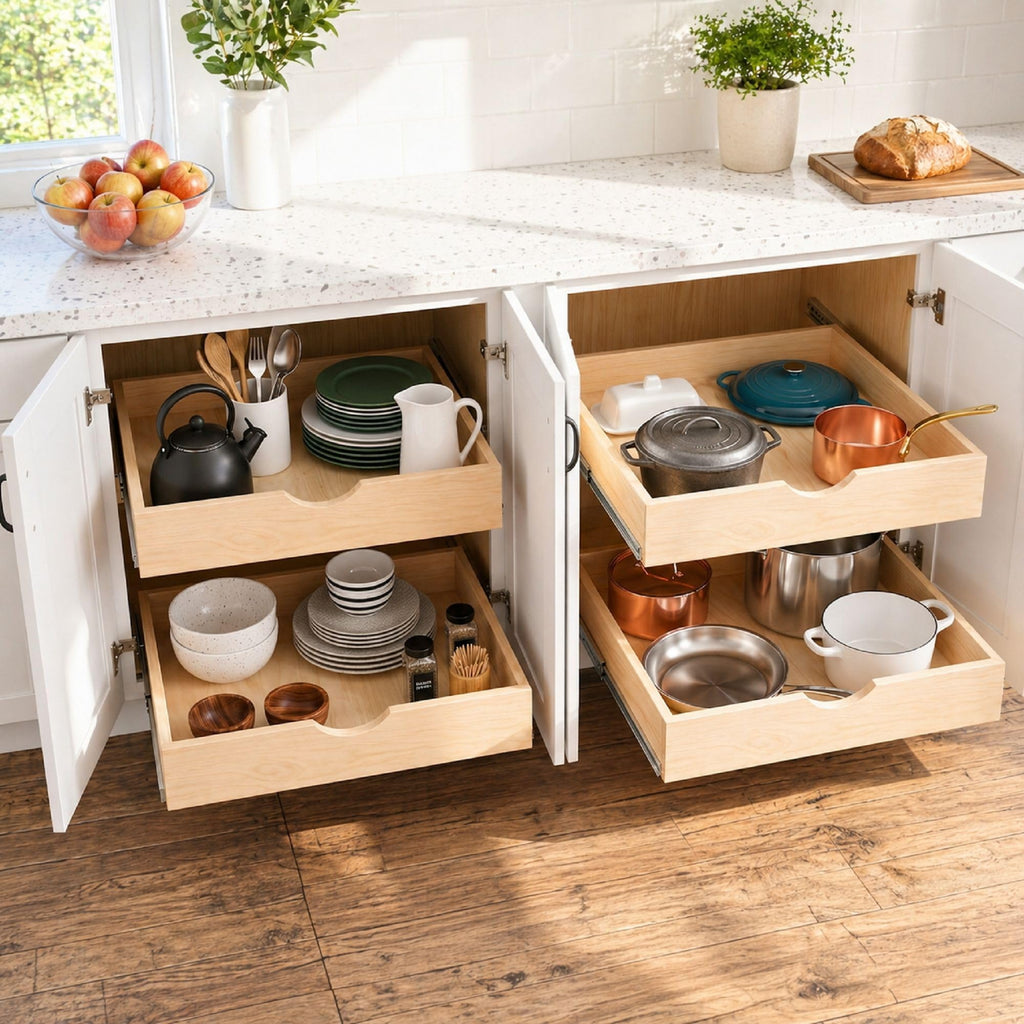 Couver Pull Out Drawers For Cabinets, Soft Close Slide Out Wood Shelves Storage Organizer for Kitchen, Finished, Heavy-Duty, Bottom/Side Mount, 30"W x 21"D x 3"H