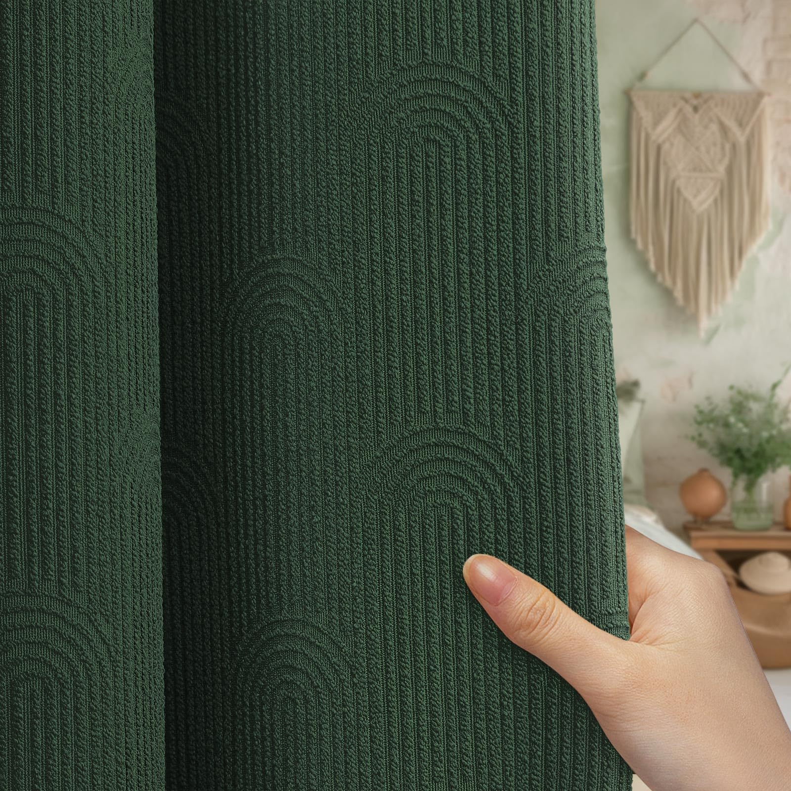 NDDYCU Dark Green Shower Curtain Boho Cotton Texture Mid Century Minimalist Arch Shower Curtain for Bathroom,72" W X 72" L
