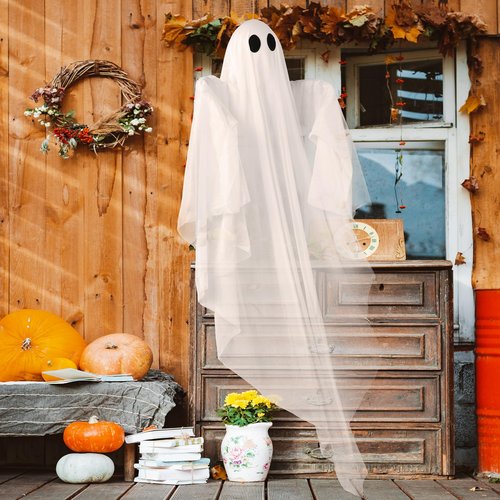 JOYIN Halloween Hanging Light up Ghost with Spooky Green LED Light, 47” Halloween Hanging White Ghosts Decoration for Front Yard Patio Lawn Garden Party Decor Indoor Outdoor