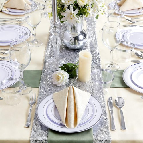 GATHER 350PCS Silver Plastic Plates - White and Silver Disposable Plates for 50 Guests Includes 100 Plate, 50 Napkins, 150 Silvery Cutlery and 50 Cups for Party & Wedding