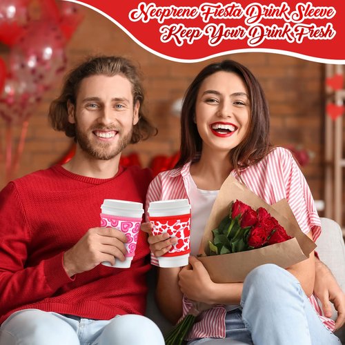 Potchen 16 Pack Reusable Iced Coffee Cup Sleeves Neoprene Insulated Drink Cup Insulator Sleeve for Cold Hot Drinks Ice Coffee Sleeve for 12-16Oz (Valentine)