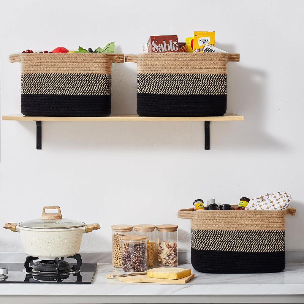 OIASKET Storage Basket - Woven Organizing Bins for Toys, Books & Nursery | Pack of 3 (Black & Brown, 13"x9.85"x8.7")