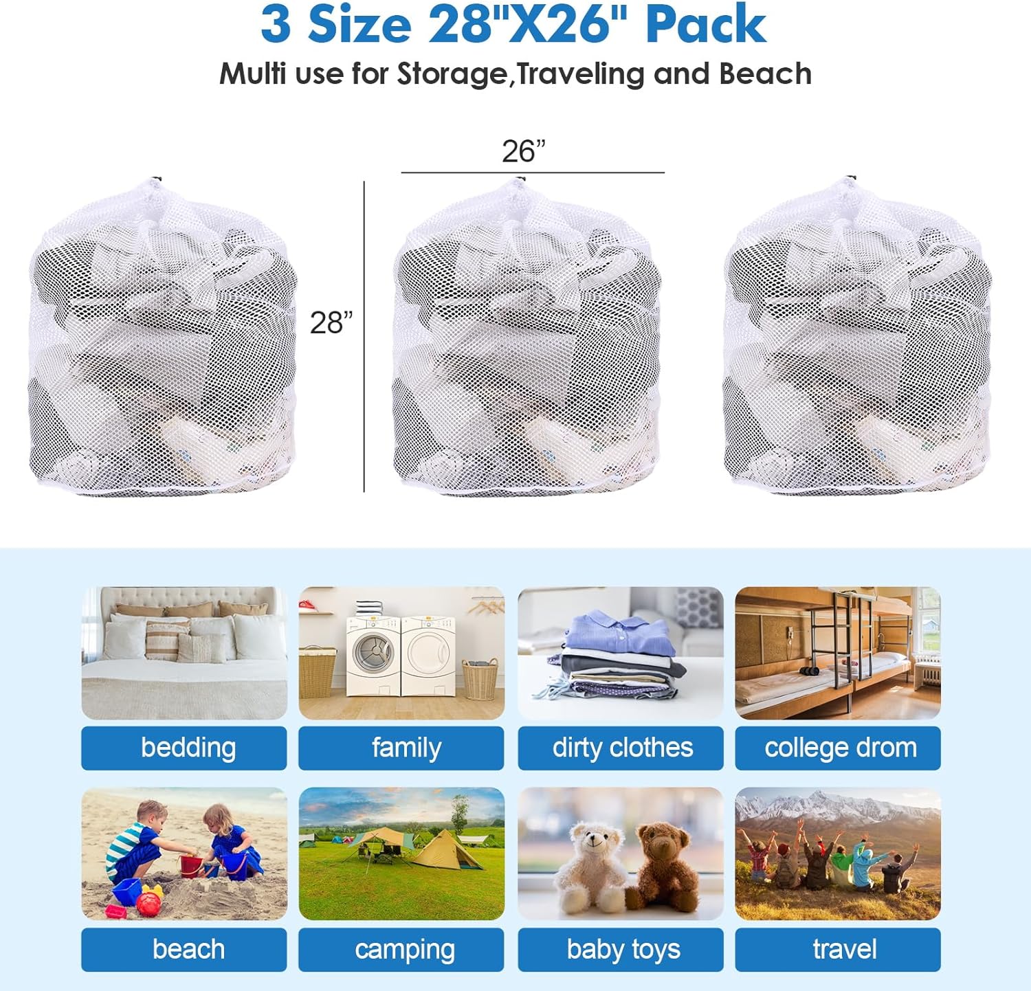 Skiennix Jumbo Mesh Laundry Bags - 3Pcs Set for Delicates, Bed Linen & Toys | XXLarge 28 x 26 Inches
