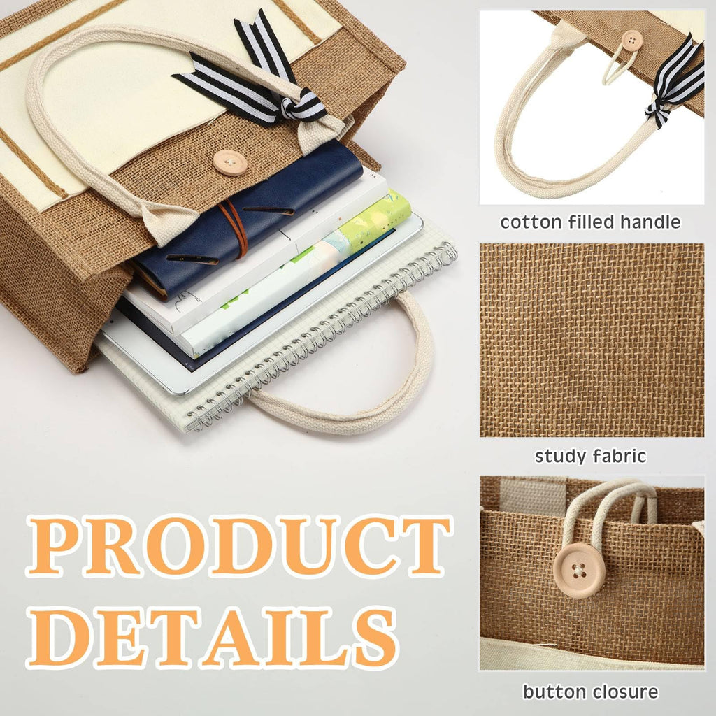 Silkfly 12 Pack Burlap Tote Bags Bulk, Jute Canvas Gift Bags with Handles, 12x 8x 5.5 Inch Reusable Waterproof Beach Bag for Wedding Bridesmaids Teacher Appreciation Gift Graduation Favor(White)
