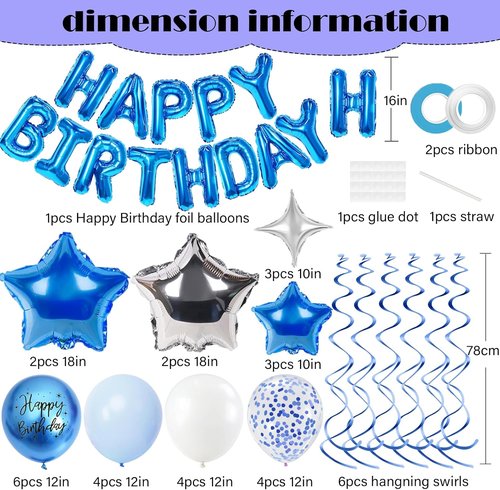 Blue Birthday Decorations - 3D Foil Happy Birthday Balloon Banner with Star & Confetti Balloons