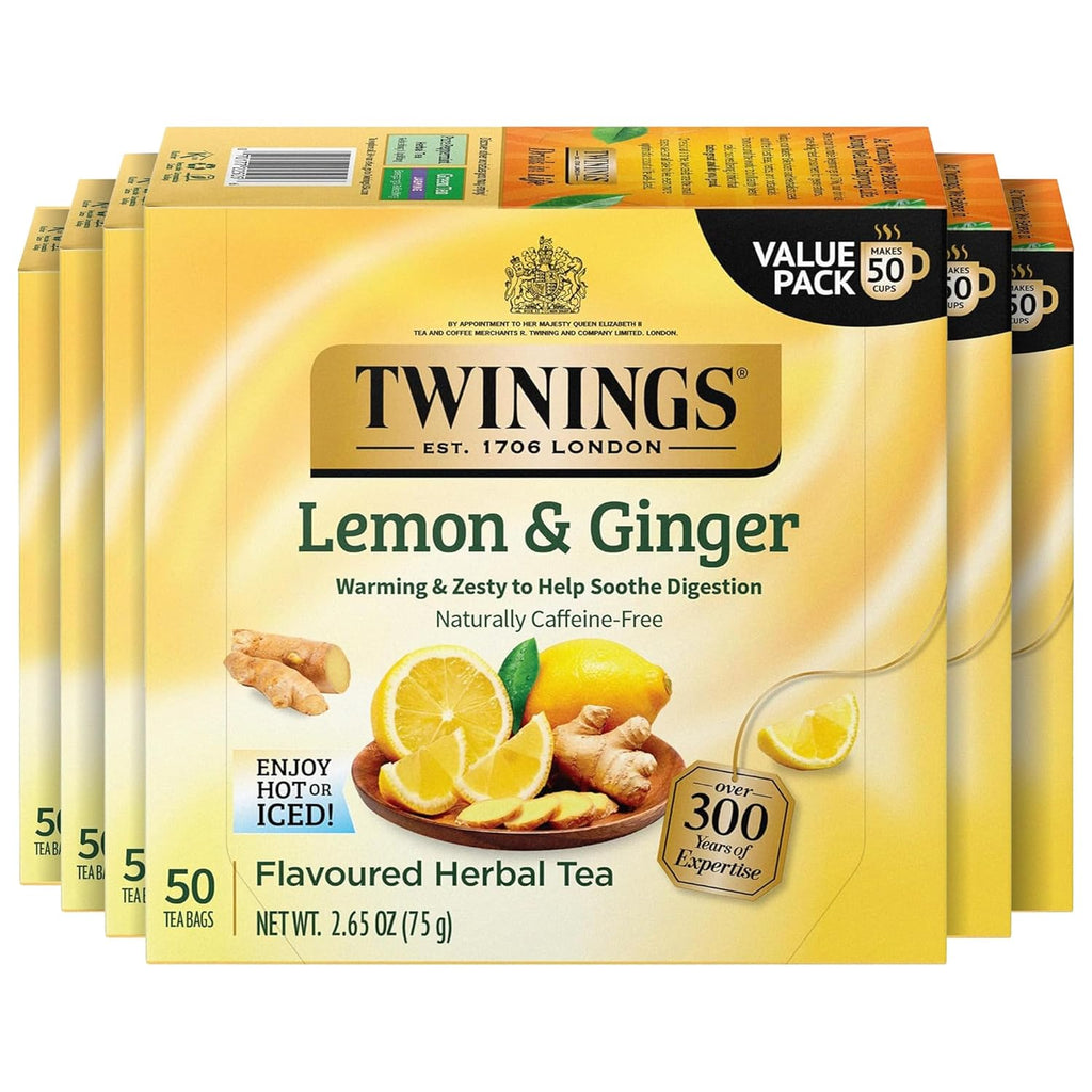 Twinings Lemon & Ginger Herbal Tea - Caffeine-Free, Tangy & Spicy, 50 Individually Wrapped Bags (Pack of 6)
