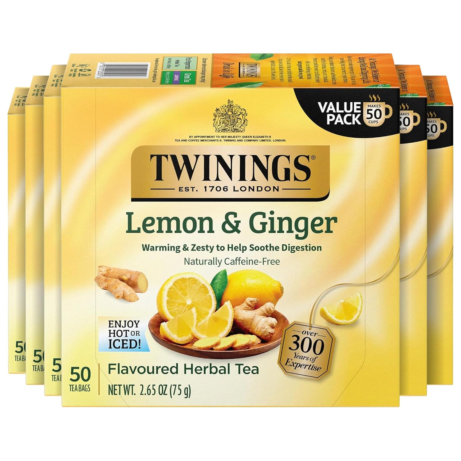 Twinings Lemon & Ginger Herbal Tea - Caffeine-Free, Tangy & Spicy, 50 Individually Wrapped Bags (Pack of 6)