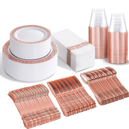 bUCLA 350PCS Rose Gold Plastic Plates With Disposable Silverware & Napkins - Rose Gold Rim Plastic Dinnerware Set Lace Design for Wedding, Party & Mother’s Day