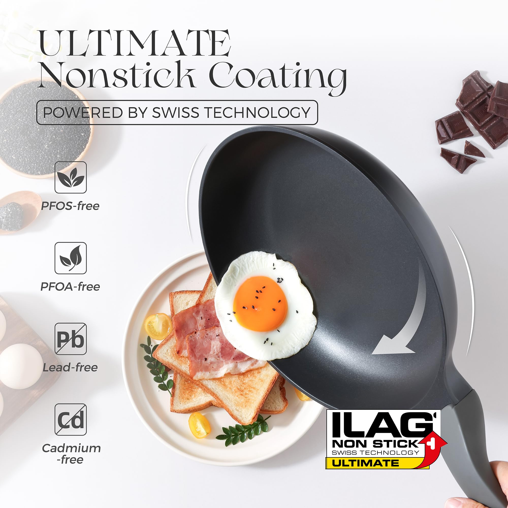 PRICUSIS 5Pcs Nonstick Frying Pan Set, 8+10+12 Inch Induction Compatible Skillet with Stay Cool Handle, Fully Coated, 100% Dishwasher Safe, PFOA Free (Black Sesame)