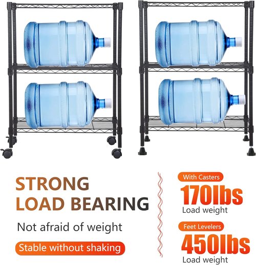 BestOffice 3-Tier Wire Storage Shelves - Adjustable Heavy-Duty Metal Racks with Wheels | 23x13x31 | Black | Holds Up to 170 lbs | No-Tool Assembly for Home & Garage