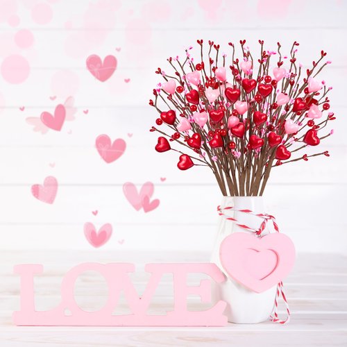 Yen Jean 26Pcs Valentines Decorations Day Artificial Flowers Picks Decor - Berry Stems with Red Pink Heart Gifts for The Home Table Centerpieces - Style 2