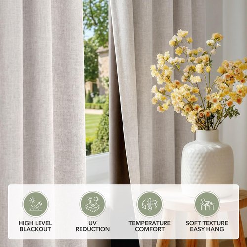 Deconovo 100% Blackout Curtains Faux Linen Look with Coffee Bottom Backing, TPU Invisible Loop Tabs Hidden Hook Design, Thermal Insulated Room Darkening Window Panels, Linen, 52W x 84L, 2 Panels