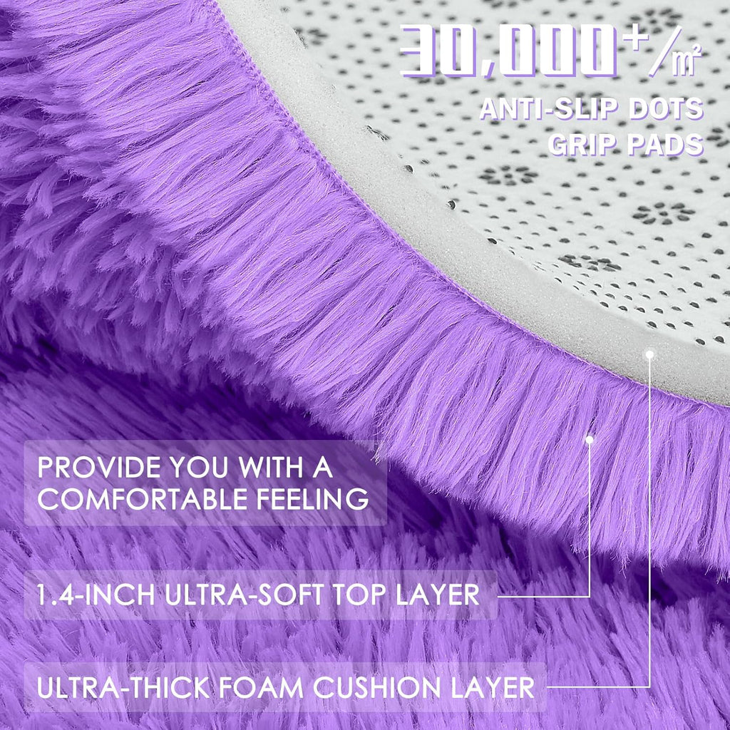 OLANLY Purple Round Area Rug - Soft & Fluffy Machine Washable 3 ft Circle Carpet for Bedroom & Nursery Decor