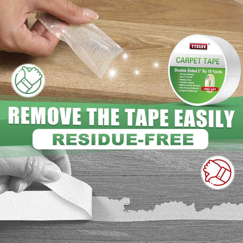 YYXLIFE Double-Sided Rug Tape | Strong Adhesive for Hardwood Floors - Non-Slip, No Residue, 2" x 10 Yards, White