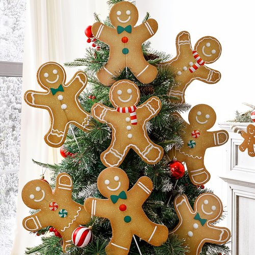 Bunny Chorus Christmas Decorations Indoor: 8pcs Large Gingerbread Man Christmas Tree Picks, Cute Rustic Gingerbread Boy Girl Picks Ornaments for Xmas Tree Topper Home School Office Winter Vase Décor