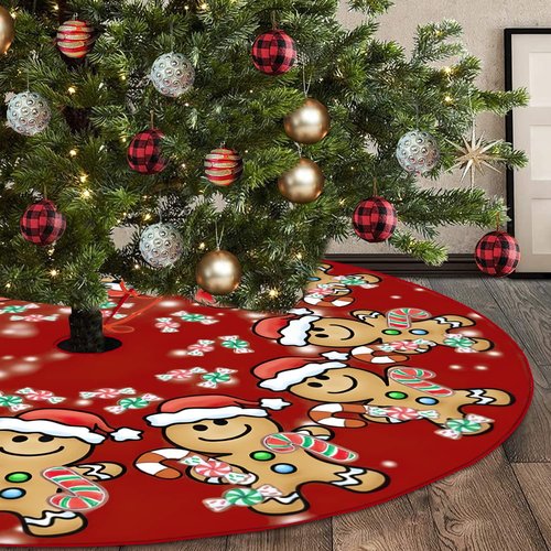 Jbralid Christmas Tree Skirt 48 Inch Christmas Gingerbread Sweet Candy Lollipop Xmas Tree Skirts Mat for New Year Holiday Christmas Party Decorations