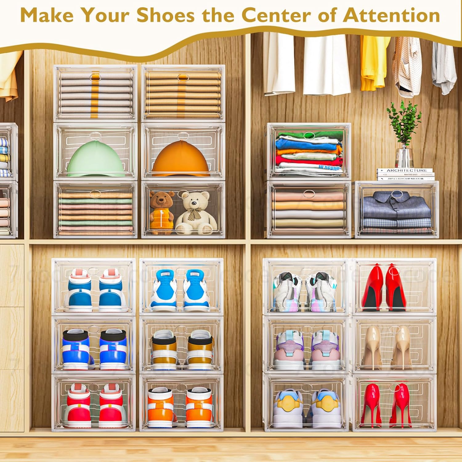 Skiennix Clear Shoe Storage Organizer - Sturdy Stackable Boxes with Magnetic Door | 6 Pack, White
