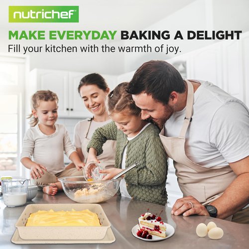 NutriChef 8-Piece Stackable Bakeware Set | Carbon Steel Non-Stick Baking Pan Set | Includes Sheet, Muffin, Round, Loaf, Square Cake & Deep Pans | No PFOA & PFOS | Oven Safe to 450 F | Marble Cream