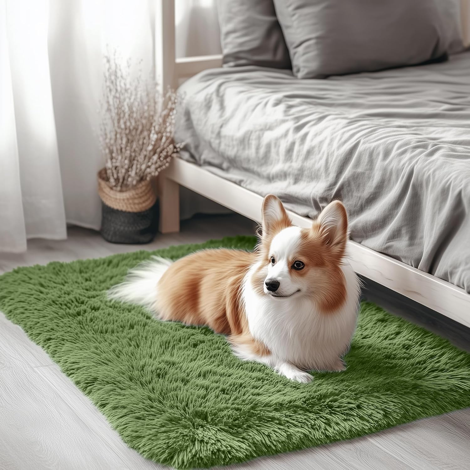 OLANLY Soft Fluffy Shaggy Bedside Rug - Machine Washable 2x3 Entryway Carpet in Green for Kids & Home Decor
