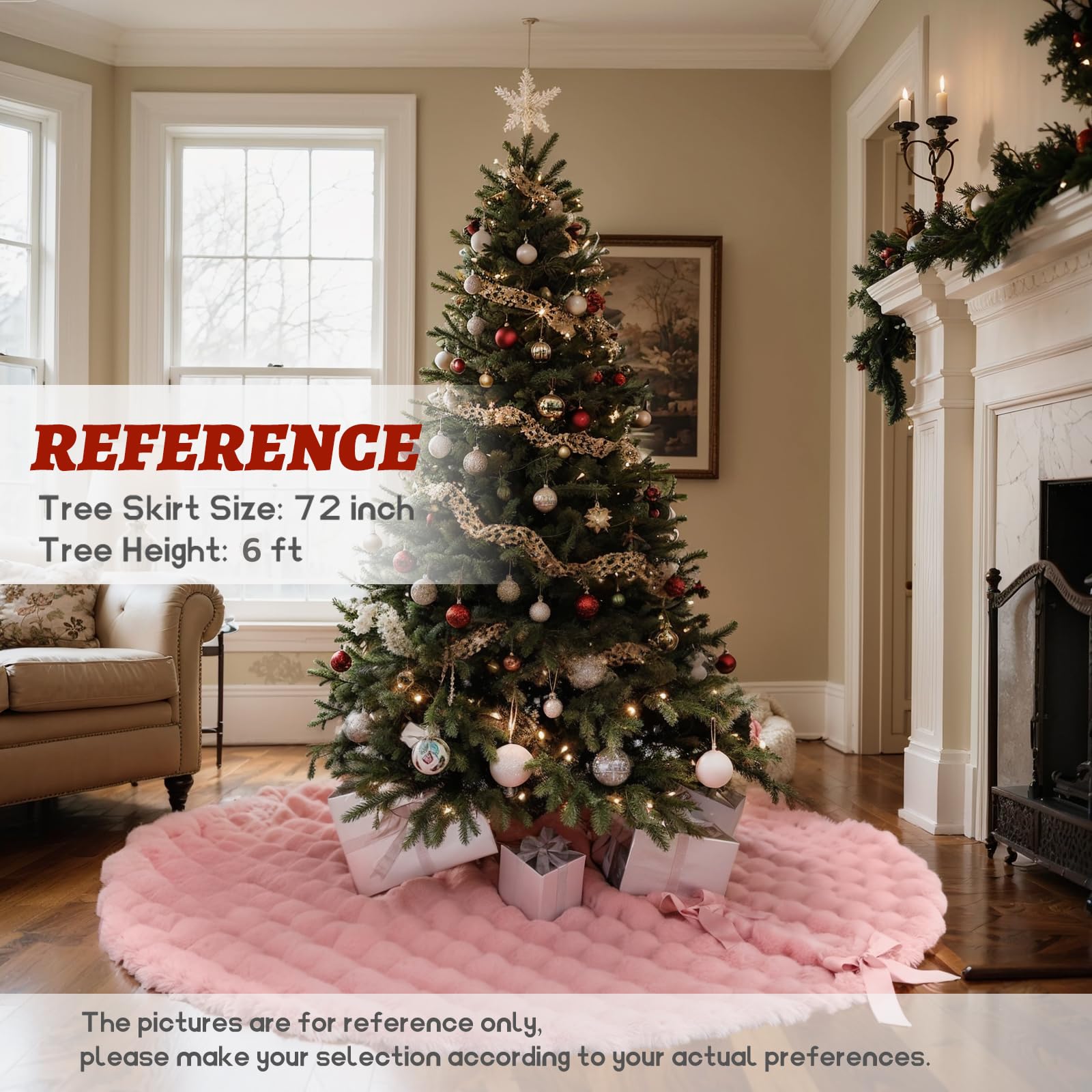 Pink Christmas Tree Skirt 72 Inch, Extra Large Faux Fur Tree Skirt, Thick Soft Plush Big Xmas Tree Skirts with Satin Ribbon Ties for Outdoor Indoor Merry Christmas Party 6/7/7.5/9ft Tree Decoration
