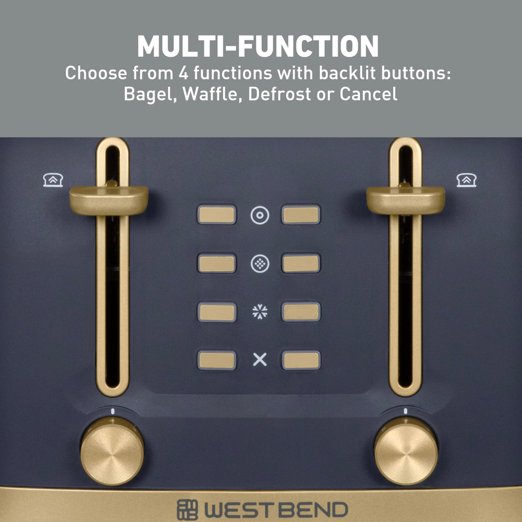 West Bend Timeless 4-Slice Toaster with 7 Browning Levels, Bagel/Waffle/Defrost Settings, High-Lift Lever, Anti-Jam, Easy-Clean Crumb Tray, 4-Slice, Blue/Gold