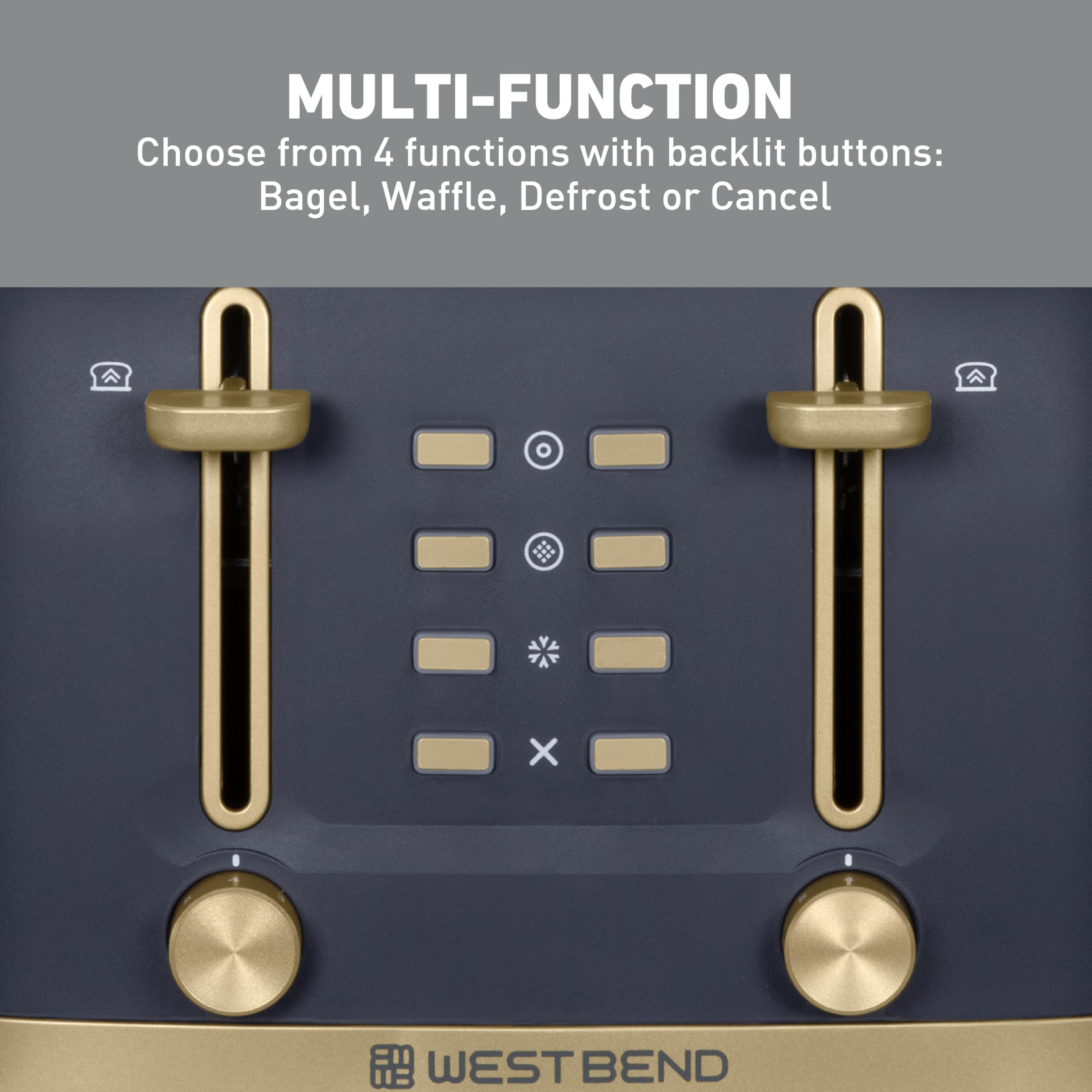 West Bend Timeless 4-Slice Toaster with 7 Browning Levels, Bagel/Waffle/Defrost Settings, High-Lift Lever, Anti-Jam, Easy-Clean Crumb Tray, 4-Slice, Blue/Gold