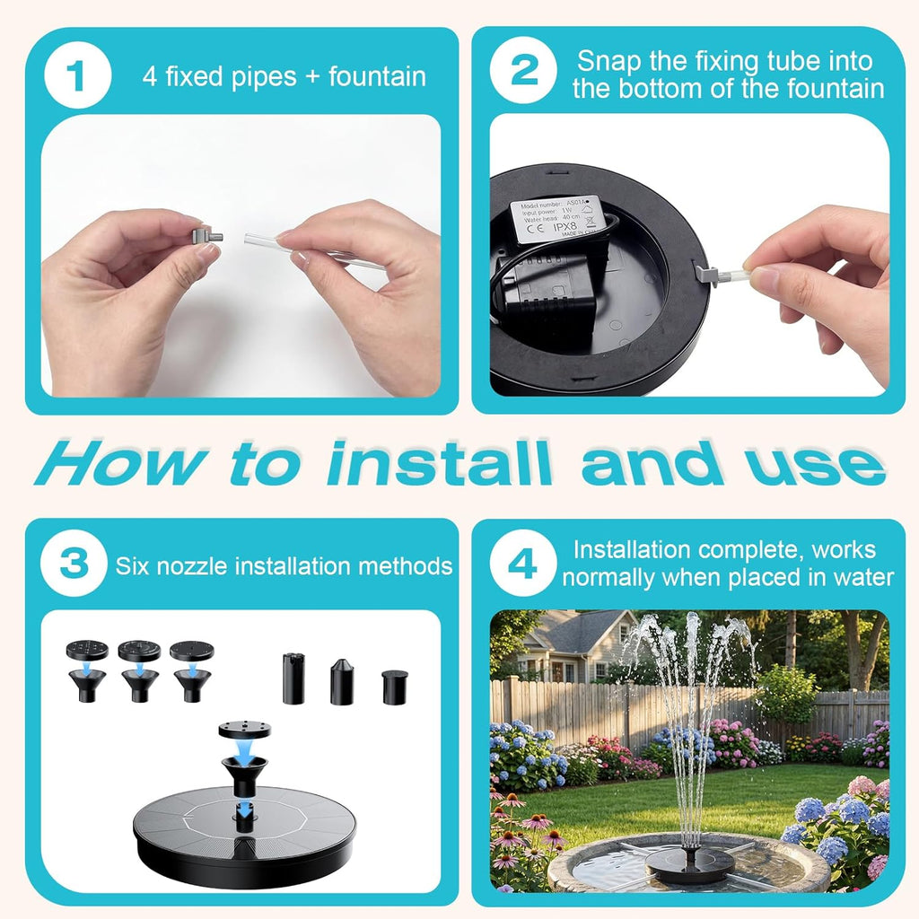 AMZtime Solar Fountain - Mini Solar Powered Water Pump for Bird Bath, Garden, Pond & Pool