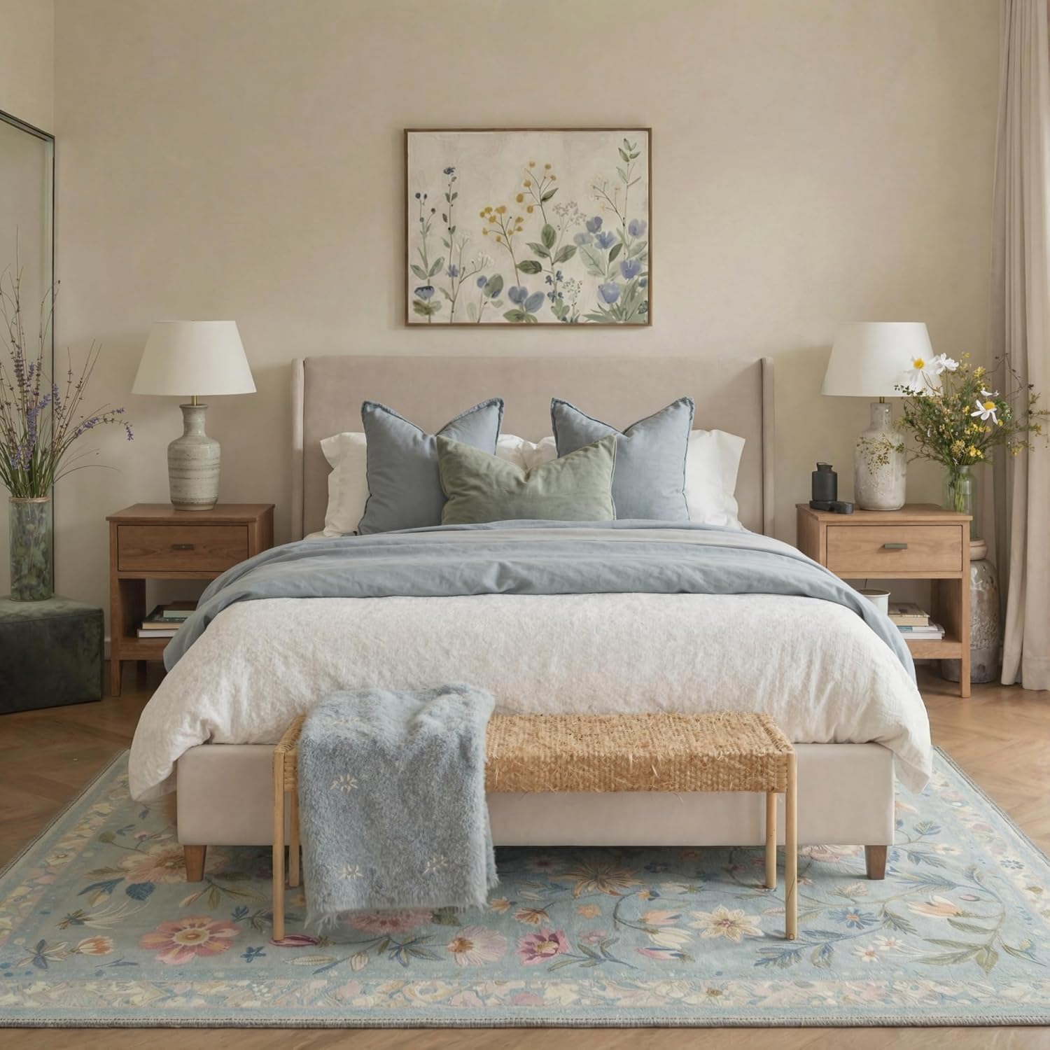 Bavni Runner Rug - Vintage Floral Print, Machine Washable & Non-Slip - 2.5x6 ft, Misty Blue