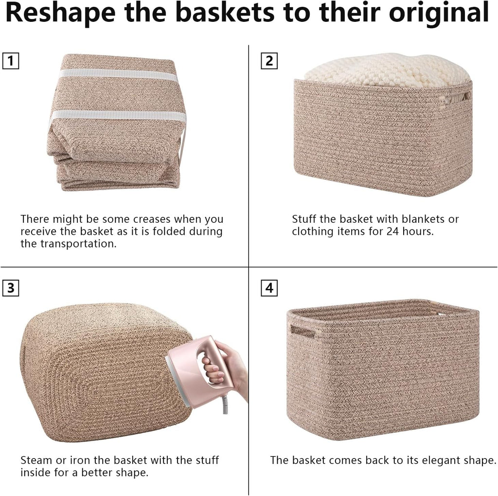OIAHOMY Storage Baskets - 4 Pack Woven Organizing Bins with Handles | 12.7''L x 9''W x 7.8''H, Brown