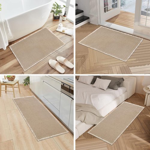Pauwer 3 Piece Waffle Bath Mat Set - Non Slip, Soft Absorbent Bathroom Rugs for Floor, Tub, Shower - Machine Washable, Khaki