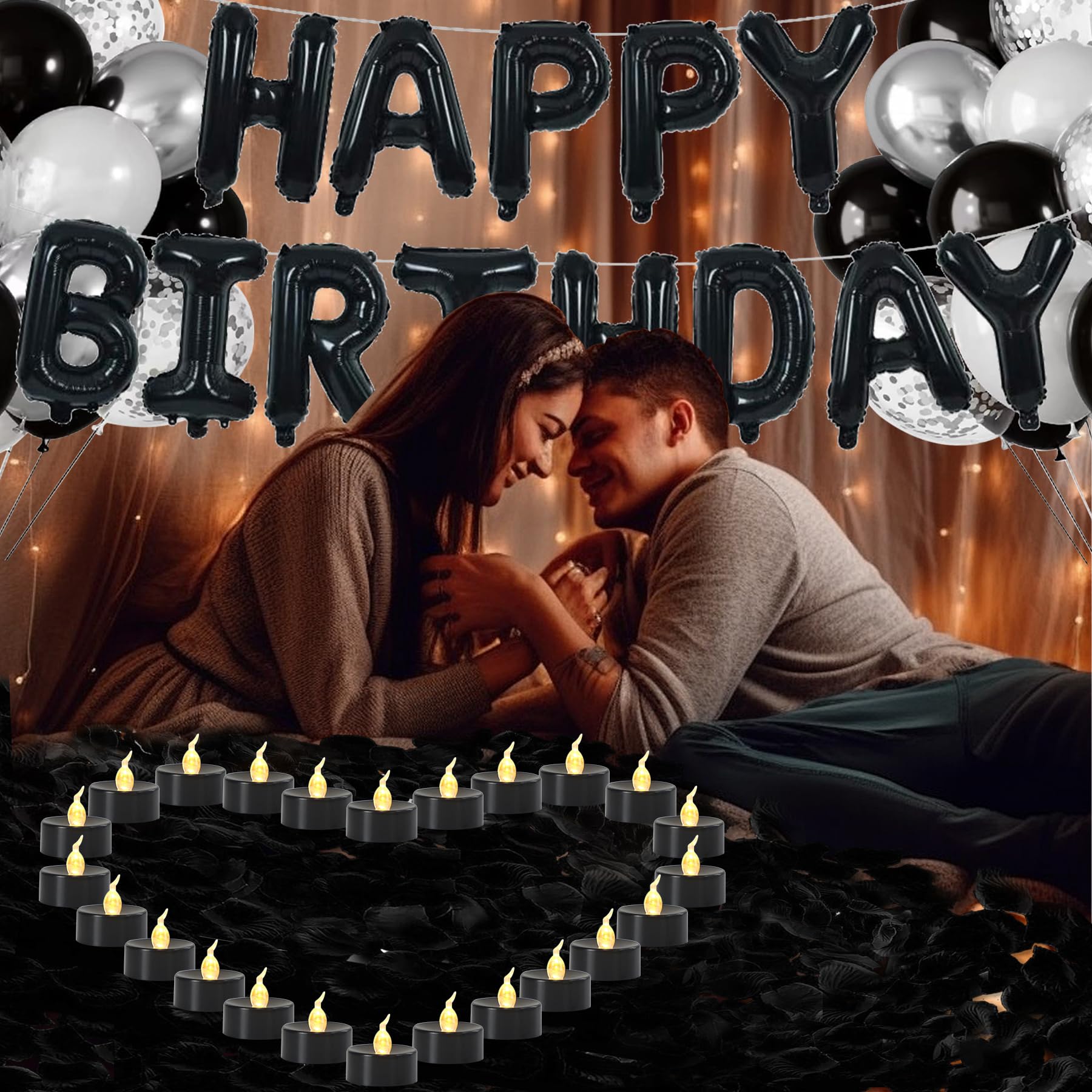 Birthday Decorations for Men - Black and Silver Birthday Decorations Include Letter Balloon Banner & Balloons & 1000 PCS Rose Petals & 24 Pack LED Tealight Candle, Black and Silver Party Supplies
