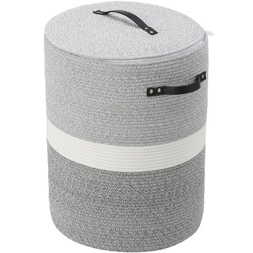 Extra Large Cotton Rope Storage Basket with Lid and Zipper, Versatile Laundry Hamper and Cloth Bin for Clothes, Towels, Blankets, Living Room Organization (Dual Grey, 16"x20")