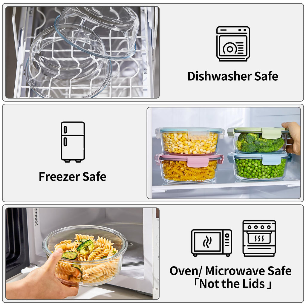 Wancilock 8 Pcs Round Glass Containers with Lids Airtight 4 Cup Glass Storage Containers Set Meal Prep Containers for Soup Leftover Microwave, Dishwasher, and Freezer Safe(4 Sets