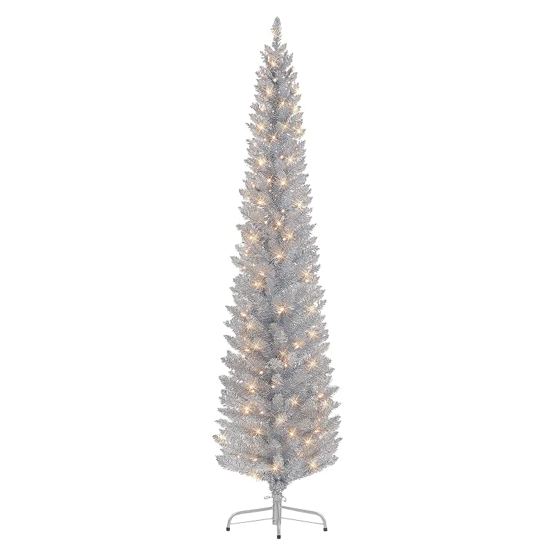 7 ft Pre-Lit Silver Tinsel Artificial Tree with 316 Tips and 150 Clear Lights - Variation: 7' Silver Tinsel 150 Clear Lights