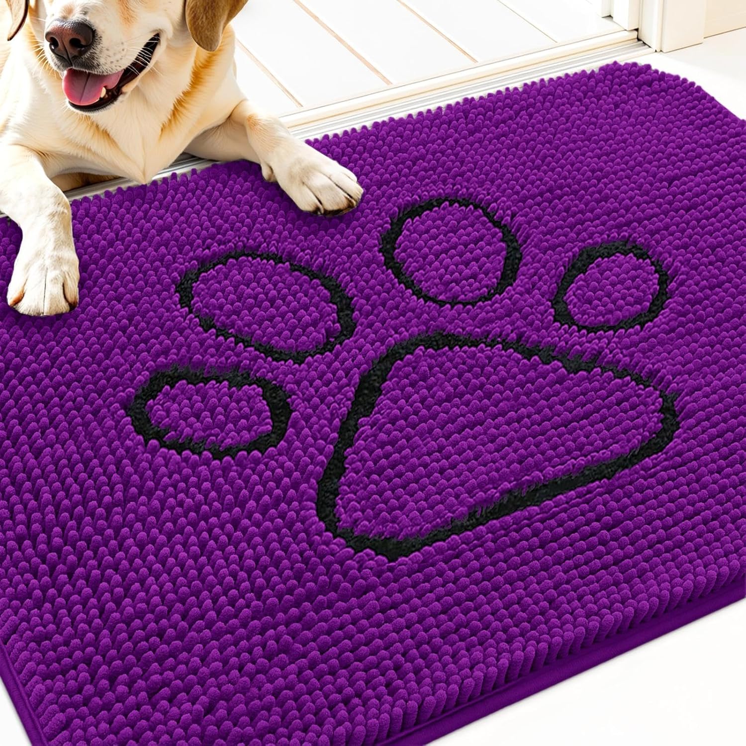 OLANLY Dog Door Mat - Absorbent Non-Slip Muddy Paws Doormat | 30x20 Purple Chenille Carpet