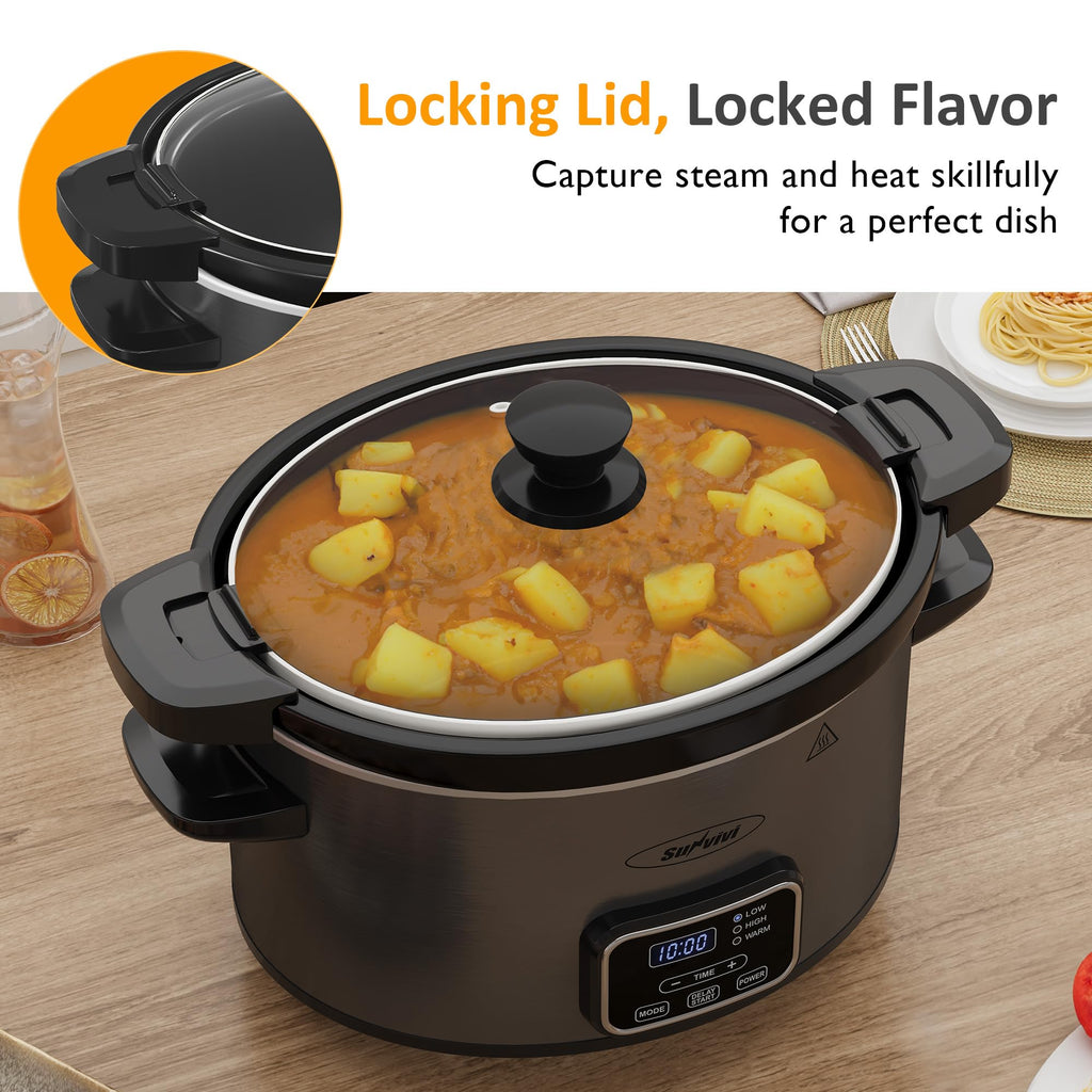 Sunvivi 4QT Programmable Slow Cooker with Locking Lid, Removable Ceramic Pot, 3 Heating Settings & Timer, Dishwasher-Safe, Dark Grey