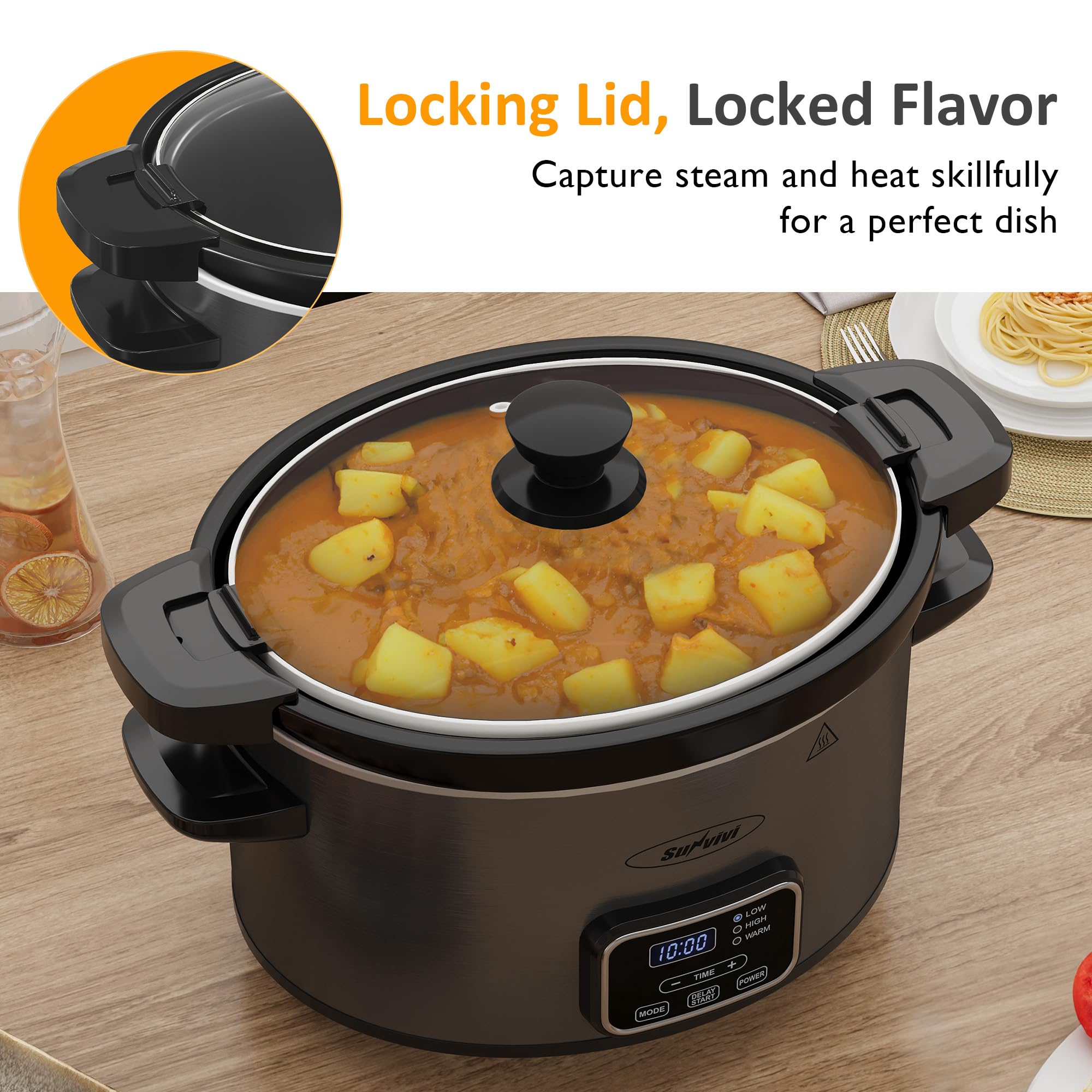 Sunvivi 4QT Programmable Slow Cooker with Locking Lid, Removable Ceramic Pot, 3 Heating Settings & Timer, Dishwasher-Safe, Dark Grey