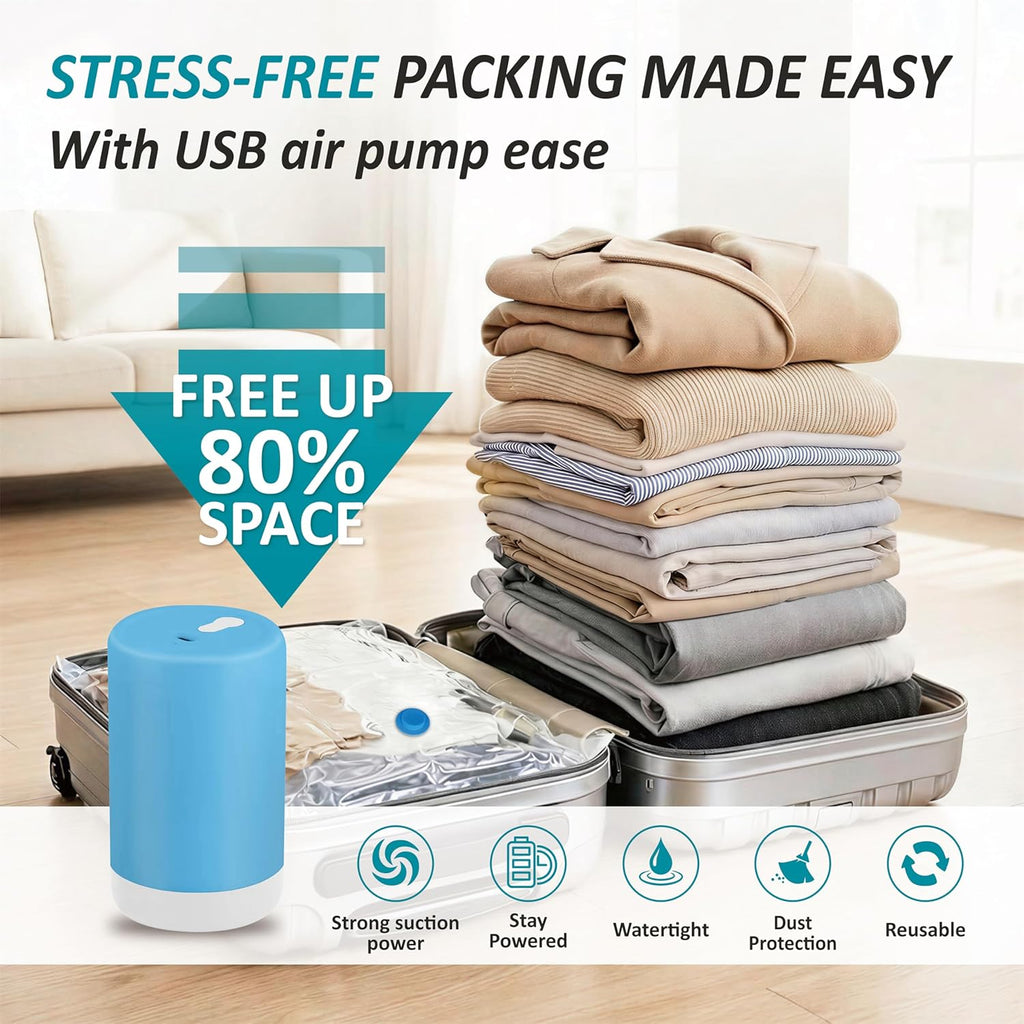 Skiennix Travel Vacuum Storage Bags - Space-Saving Combo with Rechargeable USB Pump | Ideal for Clothes, Bedding & More