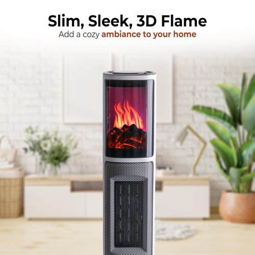Comfort Zone 25-Inch Oscillating Tower Space Heater with 3D Flame Effect – 1500W Ceramic Electric Fireplace Heater, Digital Thermostat, 8H Timer, Remote Control & Advanced Safety Protection – Black