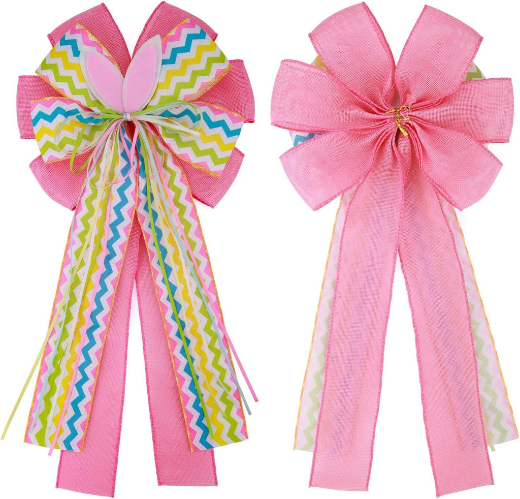 Meseey Large Easter Burlap Bow - 20 x 10 Inch Spring Bunny Rabbit Wreaths for Home Decor | Gift Wrapping & Tree Topper