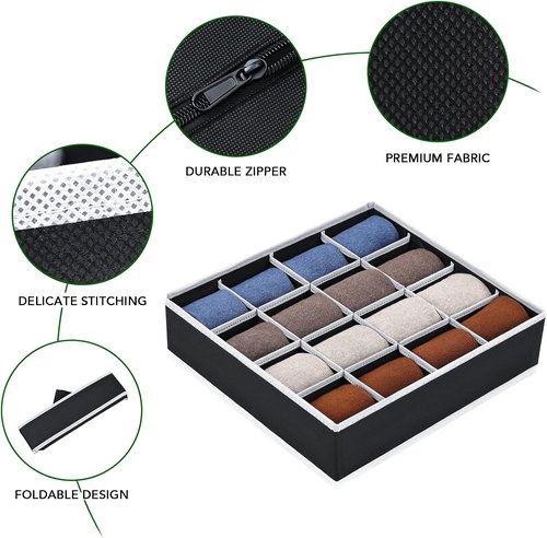 Homsorout Sock Organizers - 64-Cell Fabric Drawer Dividers for Socks & Ties | 4 Pack in Black