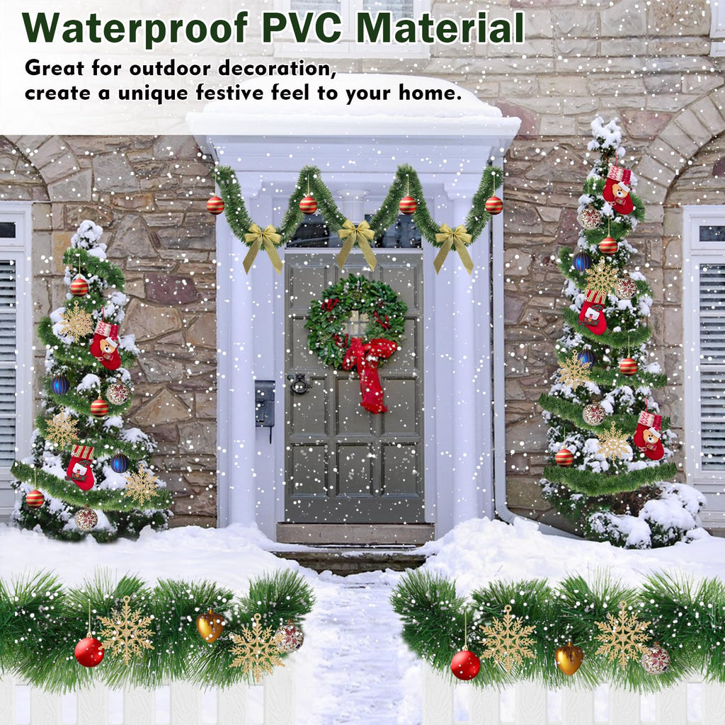 50FT Christmas Garland Christmas Decorations, Green Christmas Tree garland decor 5 Snowflakes, DIY Artificial Garland Holiday Outdoor Decorations for Stairs Railing, Fireplace, Staircase, Window, Door